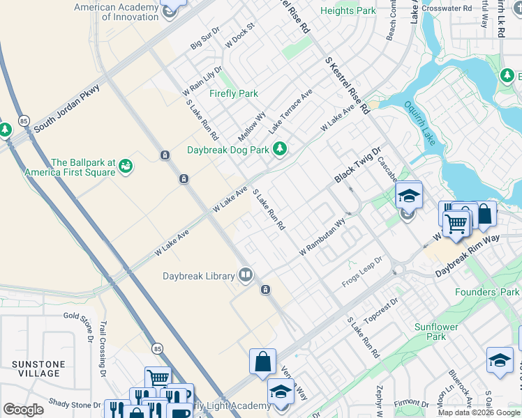 map of restaurants, bars, coffee shops, grocery stores, and more near 5136 Black Twig Drive in South Jordan
