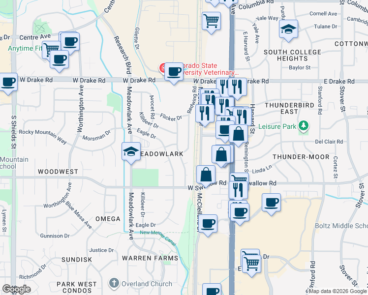 map of restaurants, bars, coffee shops, grocery stores, and more near 2927 Redwing Road in Fort Collins