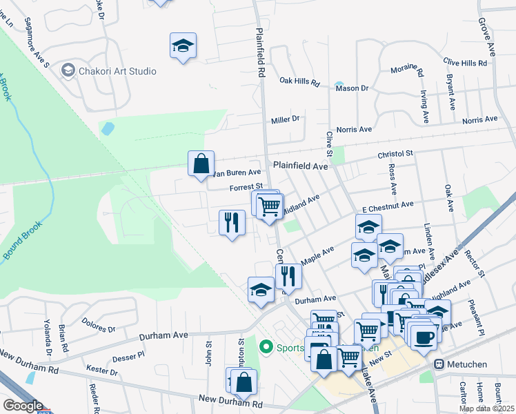 map of restaurants, bars, coffee shops, grocery stores, and more near 18 Aylin Street in Metuchen