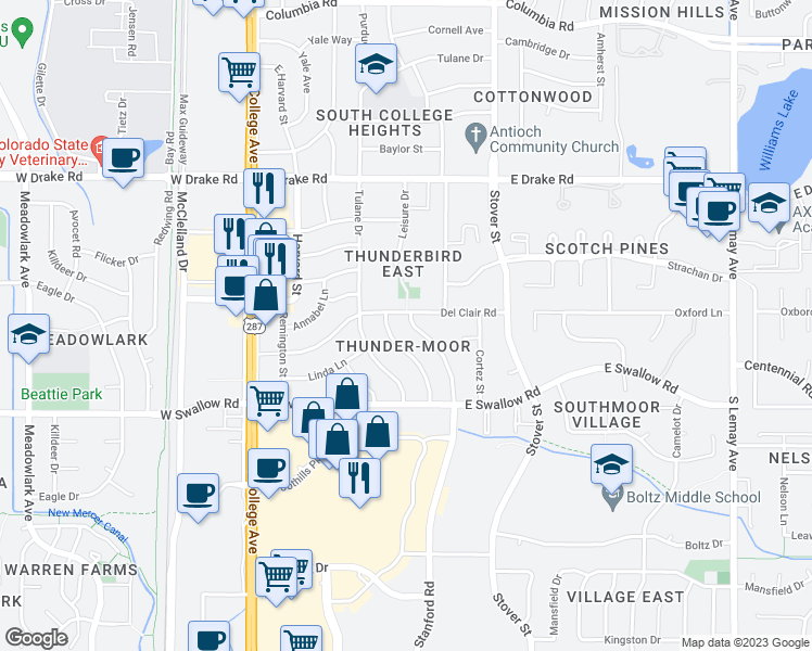 map of restaurants, bars, coffee shops, grocery stores, and more near 2905 Stanford Road in Fort Collins