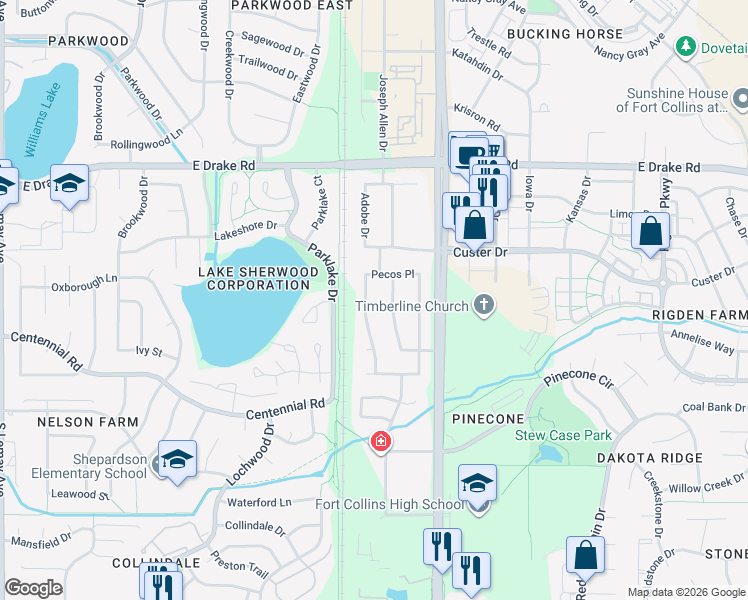map of restaurants, bars, coffee shops, grocery stores, and more near 2900 Adobe Drive in Fort Collins