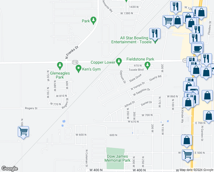 map of restaurants, bars, coffee shops, grocery stores, and more near 858 North Marble Road in Tooele