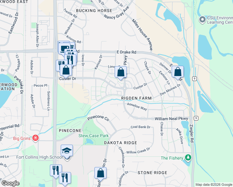 map of restaurants, bars, coffee shops, grocery stores, and more near 2538 Parkfront Drive in Fort Collins