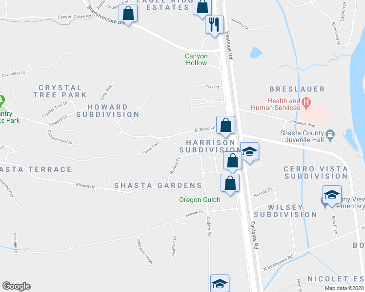 map of restaurants, bars, coffee shops, grocery stores, and more near 2030 Riviera Dr in Redding