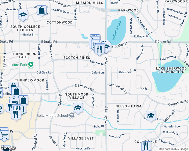 map of restaurants, bars, coffee shops, grocery stores, and more near 1025 Oxford Lane in Fort Collins