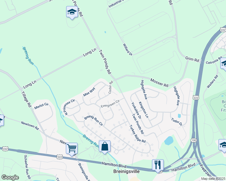 map of restaurants, bars, coffee shops, grocery stores, and more near 1003 Pecan Drive in Breinigsville