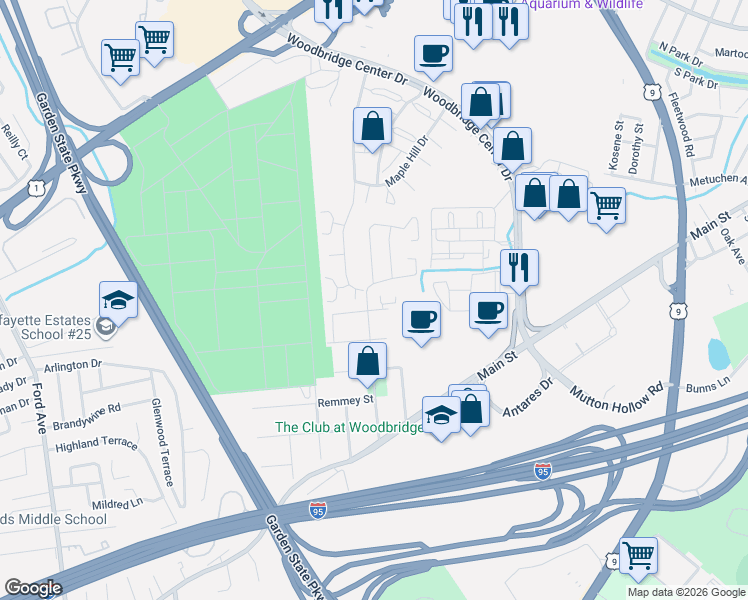map of restaurants, bars, coffee shops, grocery stores, and more near 212 Newport Court in Woodbridge Township