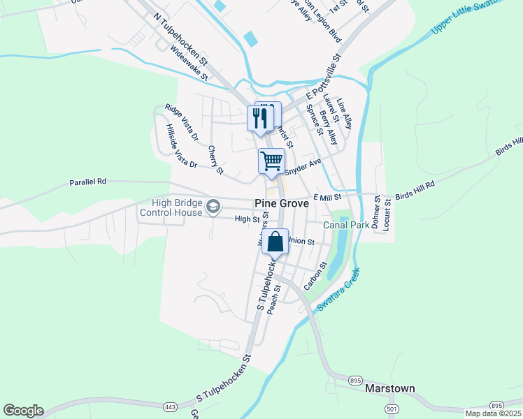 map of restaurants, bars, coffee shops, grocery stores, and more near 2 Leonard Street in Pine Grove