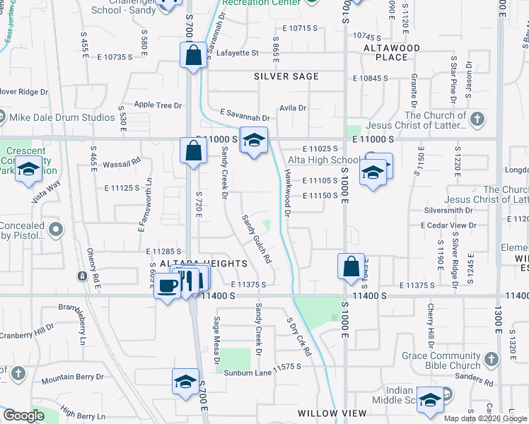map of restaurants, bars, coffee shops, grocery stores, and more near 852 East Dusty Rock Place in Sandy