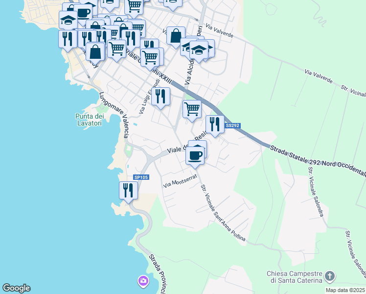 map of restaurants, bars, coffee shops, grocery stores, and more near 39-41 Viale della Resistenza in Alghero