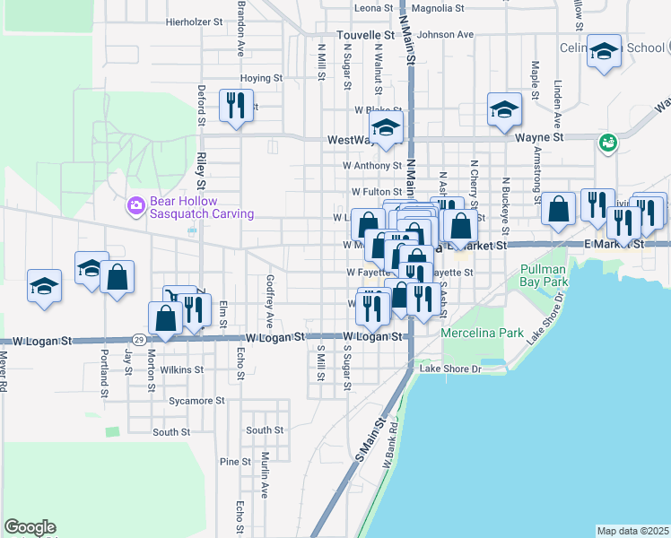 map of restaurants, bars, coffee shops, grocery stores, and more near 311 West Fayette Street in Celina