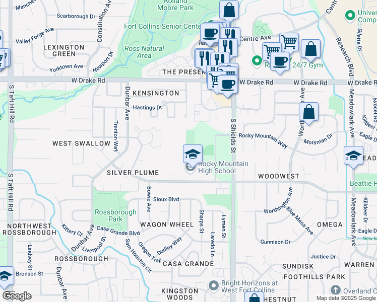 map of restaurants, bars, coffee shops, grocery stores, and more near 1300 West Swallow Road in Fort Collins