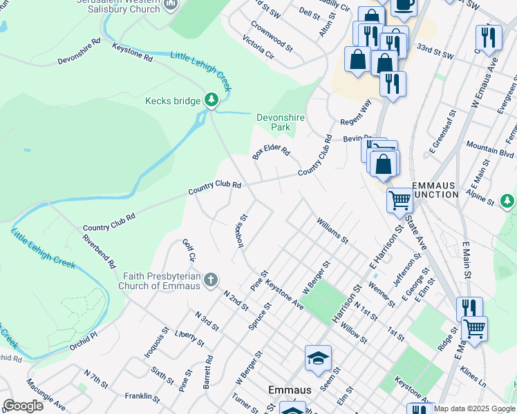 map of restaurants, bars, coffee shops, grocery stores, and more near 4 Keystone Road in Emmaus