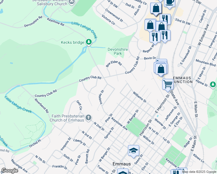 map of restaurants, bars, coffee shops, grocery stores, and more near 4 Keystone Road in Emmaus