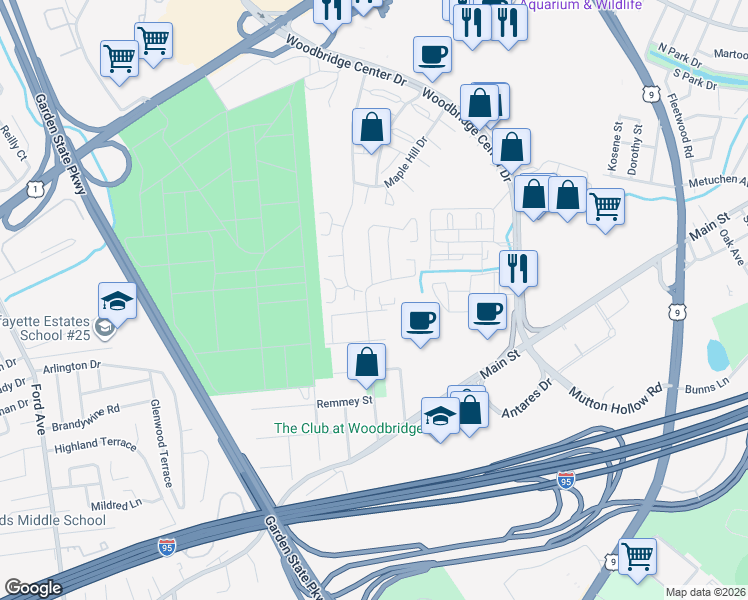 map of restaurants, bars, coffee shops, grocery stores, and more near 209 Newport Court in Woodbridge Township