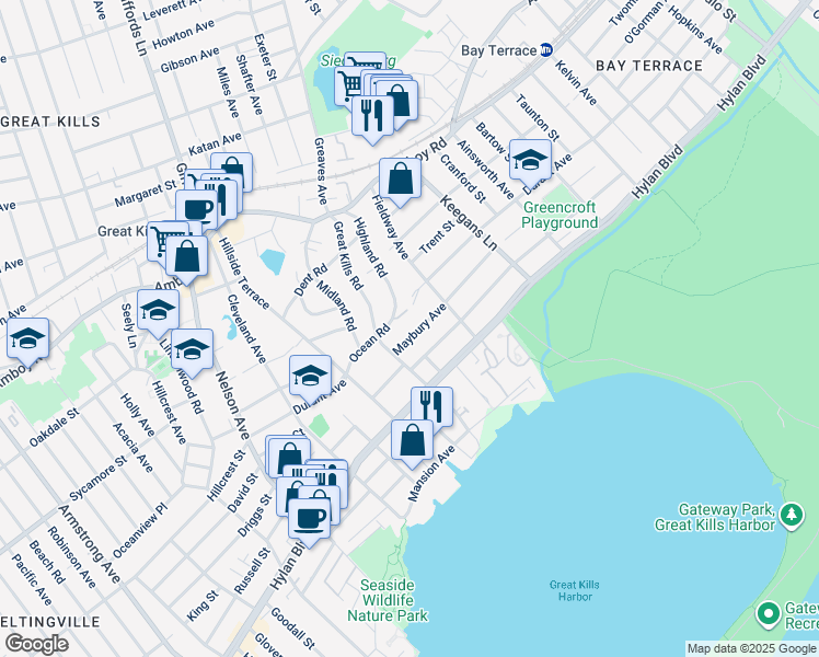 map of restaurants, bars, coffee shops, grocery stores, and more near 287 Maybury Avenue in Staten Island