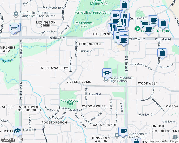 map of restaurants, bars, coffee shops, grocery stores, and more near 2828 Silverplume Drive in Fort Collins