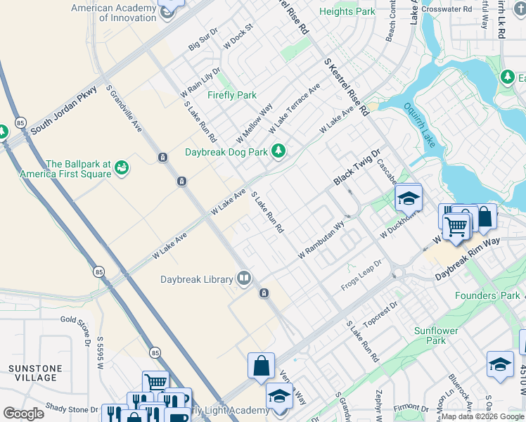 map of restaurants, bars, coffee shops, grocery stores, and more near 11174 South Lake Run Road in South Jordan