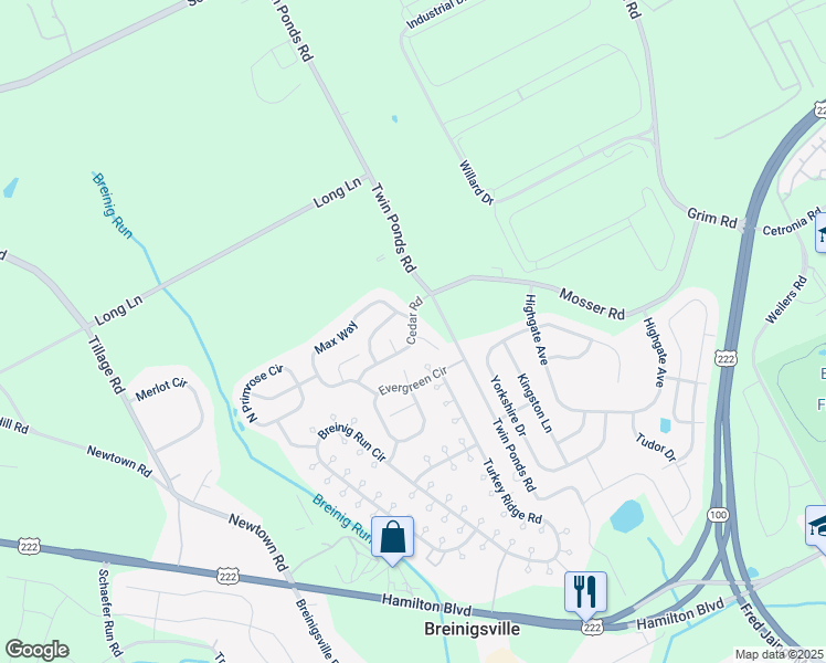 map of restaurants, bars, coffee shops, grocery stores, and more near 1003 Pecan Drive in Breinigsville