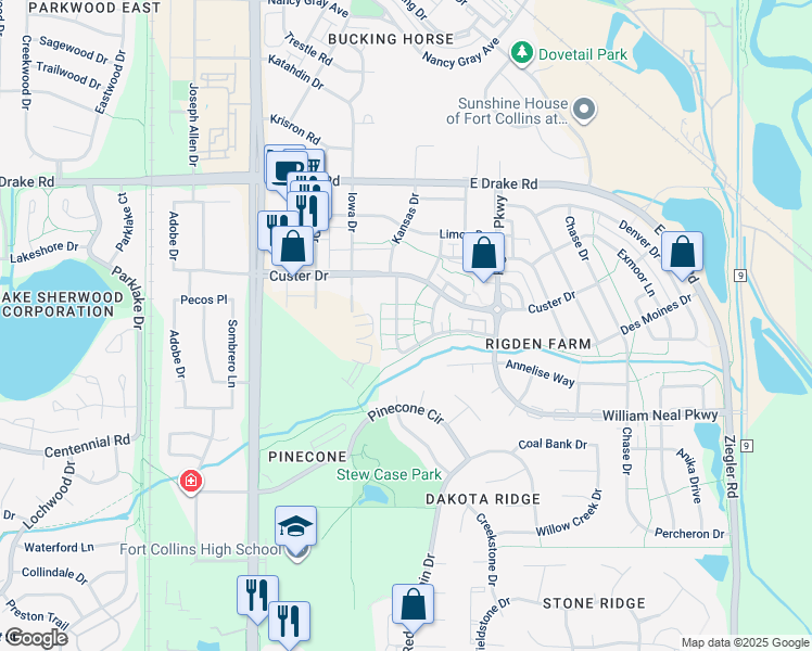 map of restaurants, bars, coffee shops, grocery stores, and more near 2862 Kansas Drive in Fort Collins