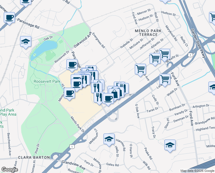 map of restaurants, bars, coffee shops, grocery stores, and more near 26 Judson Street in Edison