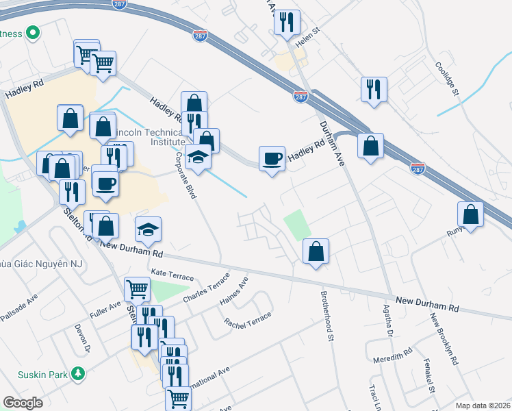 map of restaurants, bars, coffee shops, grocery stores, and more near 1408 Joseph Court in South Plainfield
