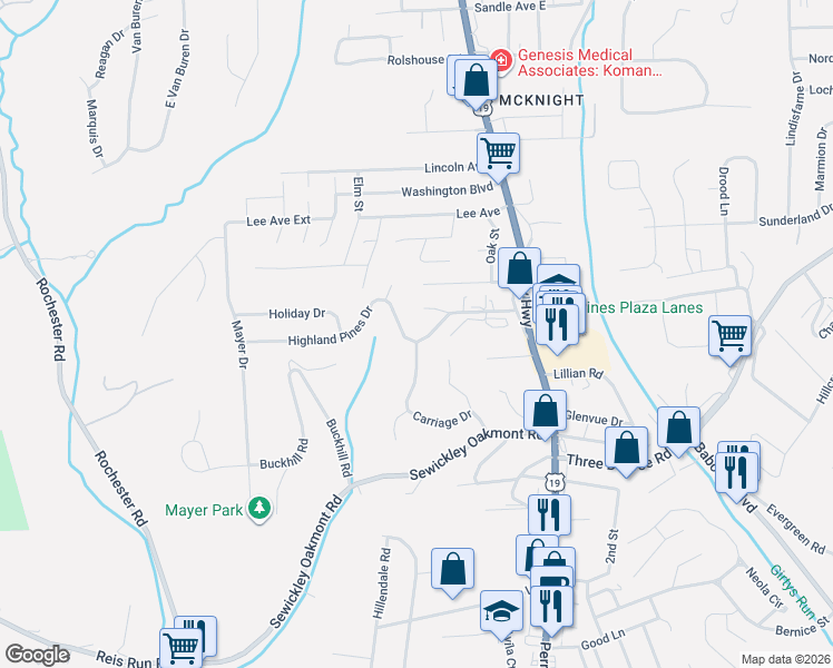 map of restaurants, bars, coffee shops, grocery stores, and more near 211 Highland Pines Drive in Pittsburgh