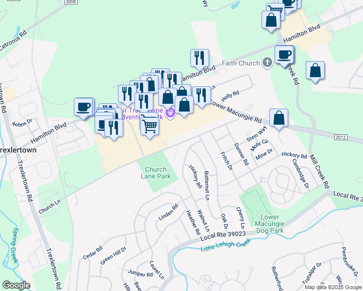 map of restaurants, bars, coffee shops, grocery stores, and more near 1256 Walnut Lane in Macungie