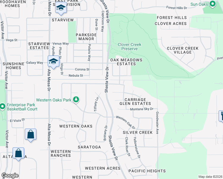 map of restaurants, bars, coffee shops, grocery stores, and more near 4039-4093 Shasta View Drive in Redding