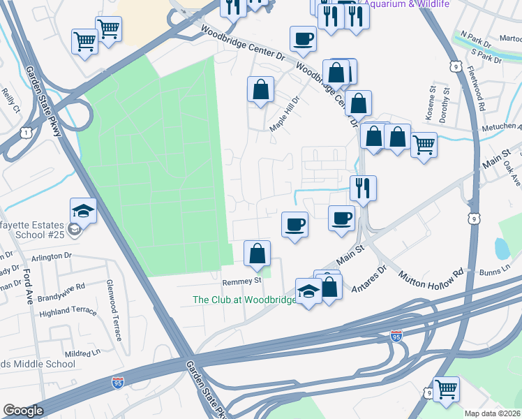 map of restaurants, bars, coffee shops, grocery stores, and more near 212 Newport Court in Woodbridge Township