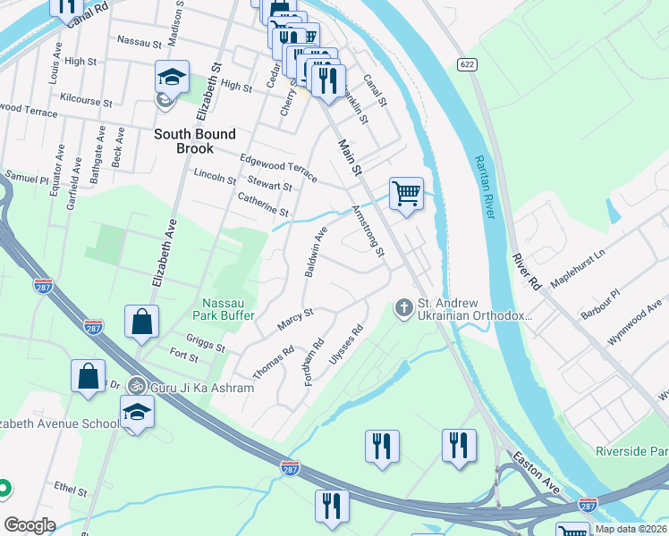 map of restaurants, bars, coffee shops, grocery stores, and more near 12 Bates Court in Somerset County