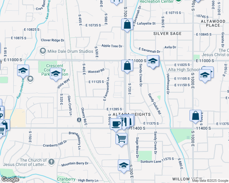map of restaurants, bars, coffee shops, grocery stores, and more near 11171 Apple Cider Drive in Sandy