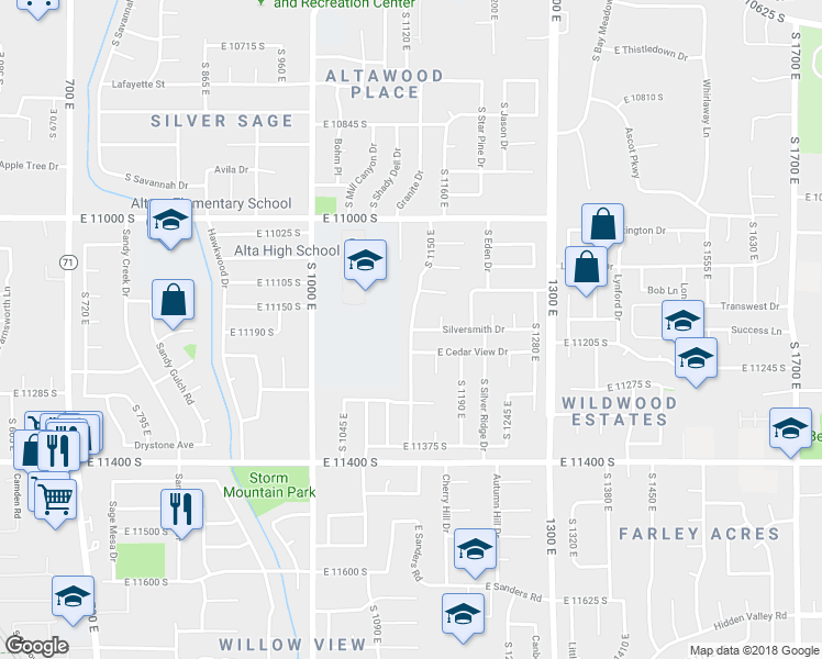 map of restaurants, bars, coffee shops, grocery stores, and more near 1199 Silversmith Drive in Sandy