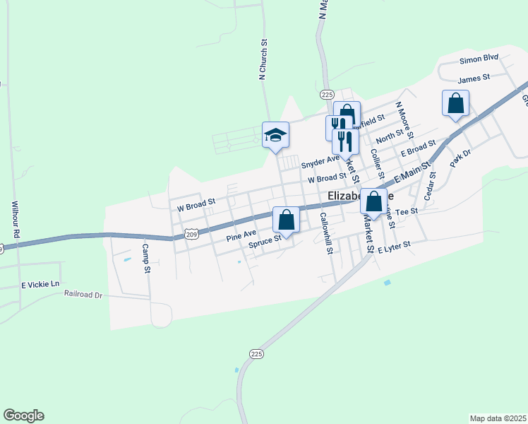 map of restaurants, bars, coffee shops, grocery stores, and more near 233 West Main Street in Elizabethville