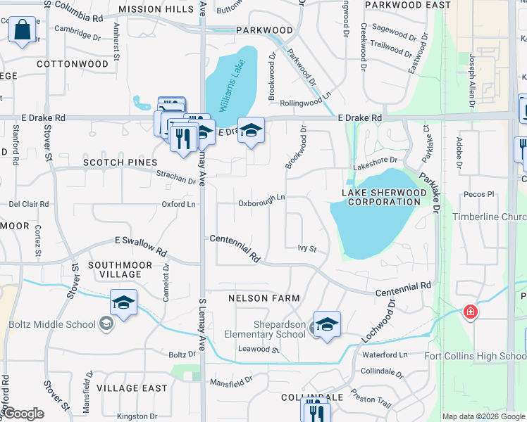 map of restaurants, bars, coffee shops, grocery stores, and more near 2918 Eindborough Drive in Fort Collins