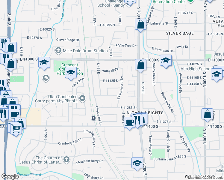 map of restaurants, bars, coffee shops, grocery stores, and more near 538 East Johns Way in Sandy