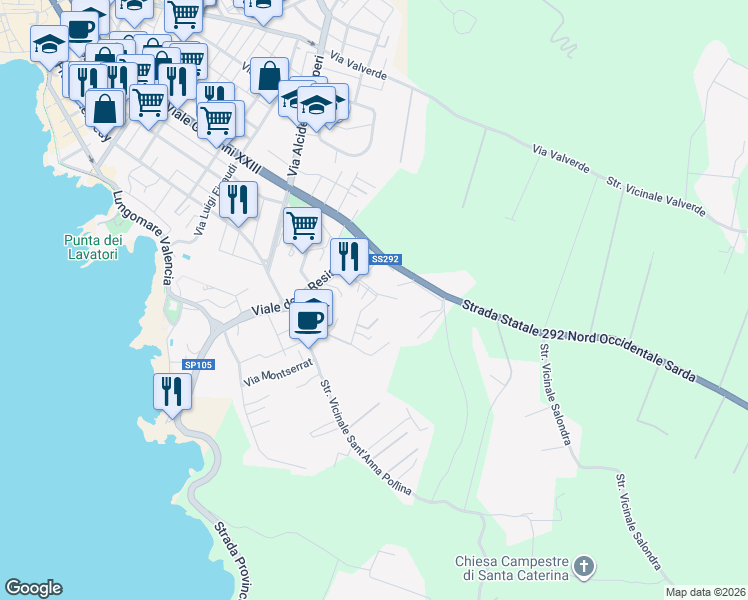 map of restaurants, bars, coffee shops, grocery stores, and more near 9 Via Emilio Lussu in Alghero