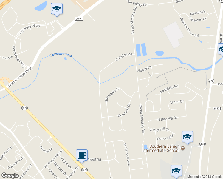 map of restaurants, bars, coffee shops, grocery stores, and more near 3453 Stonegate Drive in Center Valley