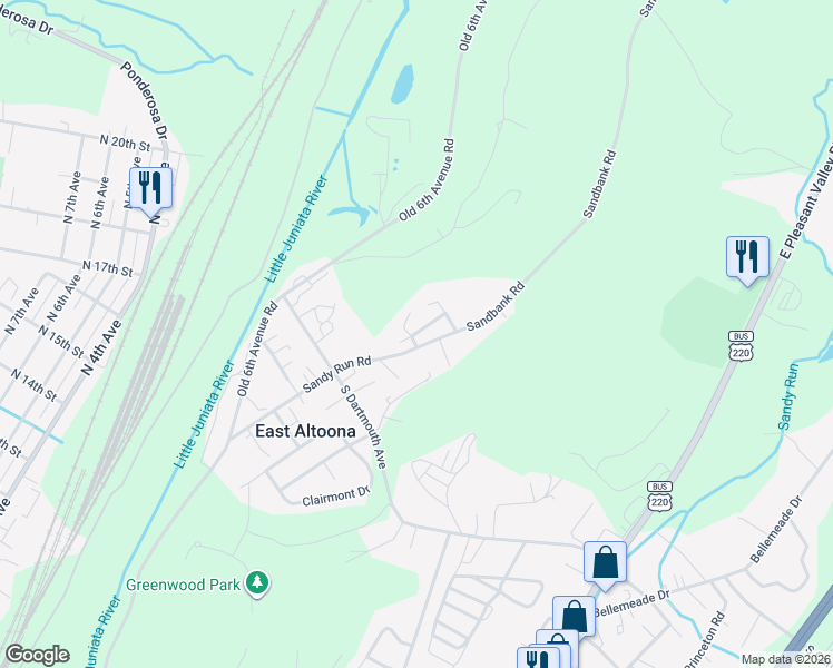 map of restaurants, bars, coffee shops, grocery stores, and more near 104 Foxglove Road in Altoona