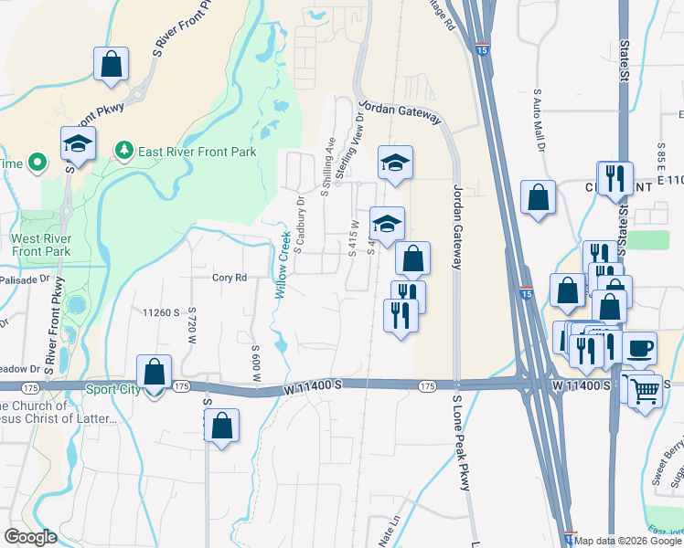 map of restaurants, bars, coffee shops, grocery stores, and more near 11183 Aspen Peak Drive in South Jordan