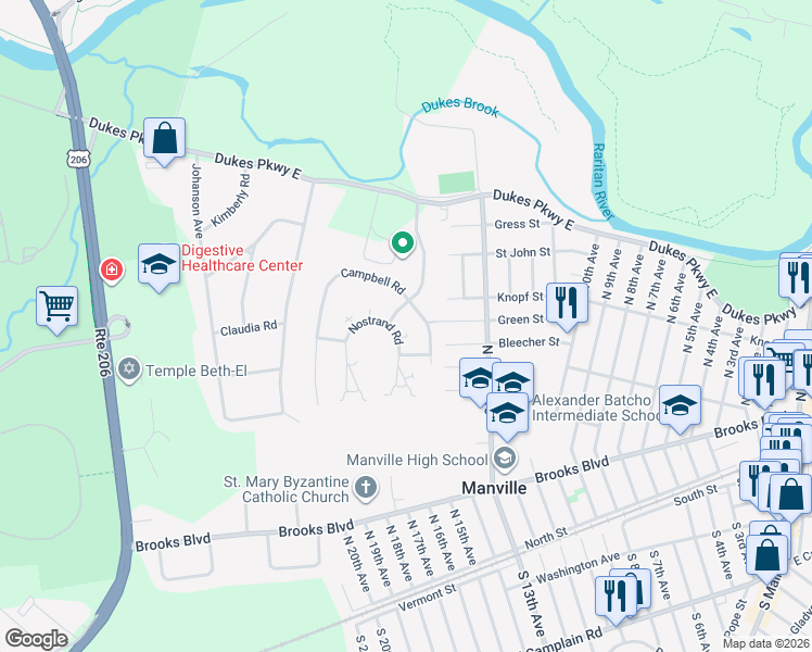 map of restaurants, bars, coffee shops, grocery stores, and more near 44 Nostrand Road in Somerset County
