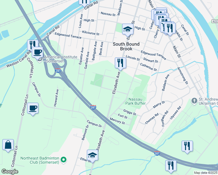 map of restaurants, bars, coffee shops, grocery stores, and more near 320 Elizabeth Avenue in Franklin Township