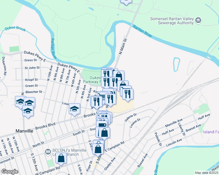 map of restaurants, bars, coffee shops, grocery stores, and more near in Manville
