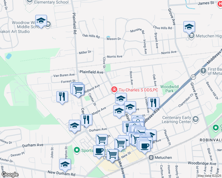 map of restaurants, bars, coffee shops, grocery stores, and more near 620 Main Street in Metuchen