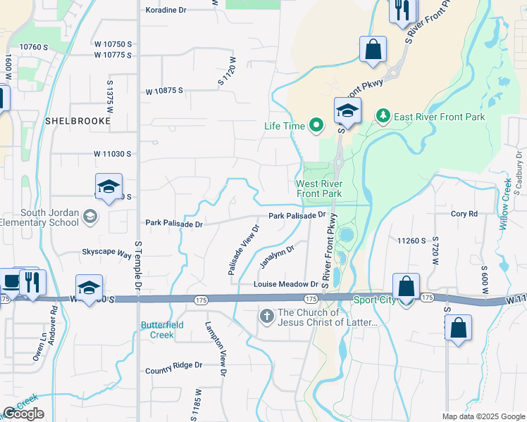 map of restaurants, bars, coffee shops, grocery stores, and more near 1064 Park Palisade Drive in South Jordan