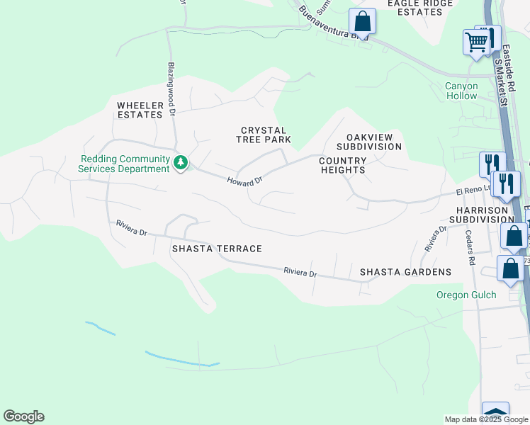 map of restaurants, bars, coffee shops, grocery stores, and more near 4518 Crimsonwood Drive in Redding