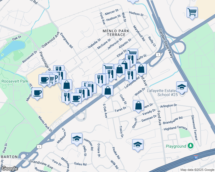 map of restaurants, bars, coffee shops, grocery stores, and more near 61 U.S. 1 in Metuchen