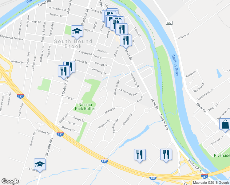 map of restaurants, bars, coffee shops, grocery stores, and more near 39 Baldwin Avenue in South Bound Brook