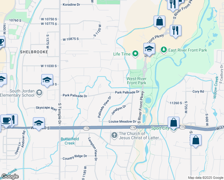 map of restaurants, bars, coffee shops, grocery stores, and more near 1064 Park Palisade Drive in South Jordan
