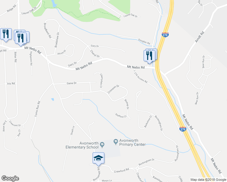 map of restaurants, bars, coffee shops, grocery stores, and more near 439 Crimson Drive in Pittsburgh